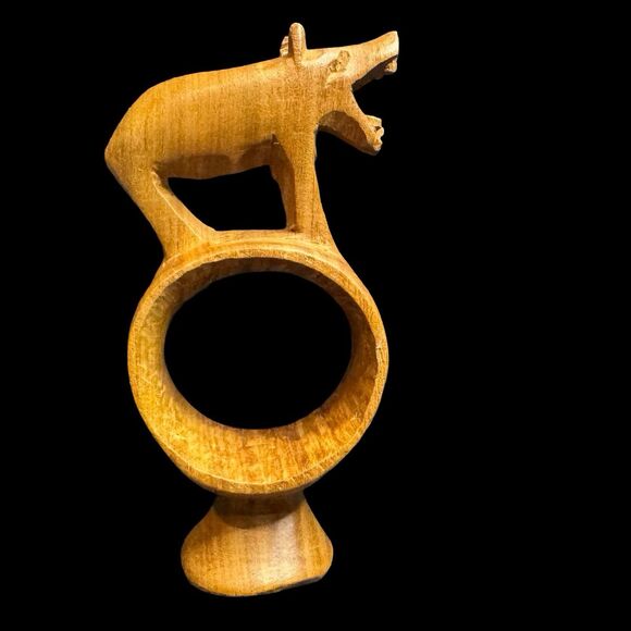 Vintage 1971 Hand Carved Wood Rhino Horse African Animal Fork Napkin Ring Kenya - Picture 4 of 7